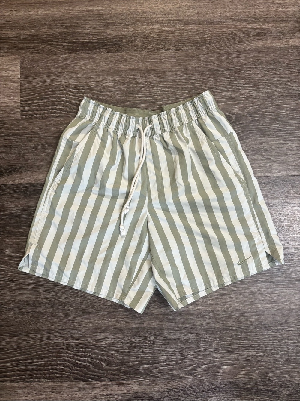 Nike Men's Green and White Striped Swim Shorts